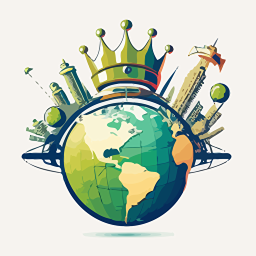 vector logo of globe with crown floating above it, alien ship and a satellite both orbit the globe, white background