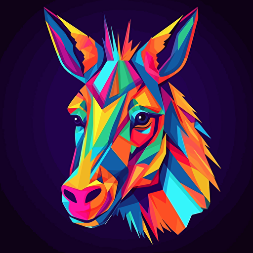 abstract disco donkey head, vivid colors, aggressive cartoon style, stylized, logo design, vector render, company logo,