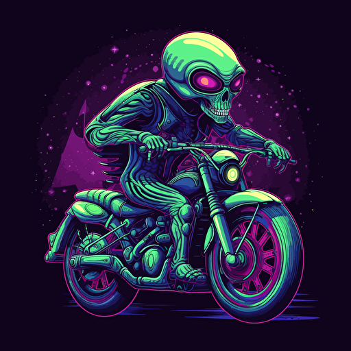 Roswell Alien riding a harley-davidson style motorcycle, vector art, flat vibrant separated colors,