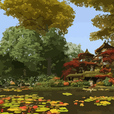 lovely overgrown temple pond lily pads autumn trees overhead blue aberrant skies trending artstation 4k 8k 3d illustrated reimagined max hay yellow dappled lighting eye level view artstation 3d artstation render artstation 3d render 3d art unreal engine 3d octane 3d blender 3d 3d landscape photorealistic imagery photorealistic details intricate highly detailed fisheye view lens distortion chromatic aberration