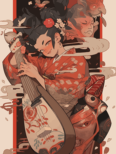 Ukiyo-e style, music culture, body design, folk music, musical theater, pencil case,vector ,2d illustrator,