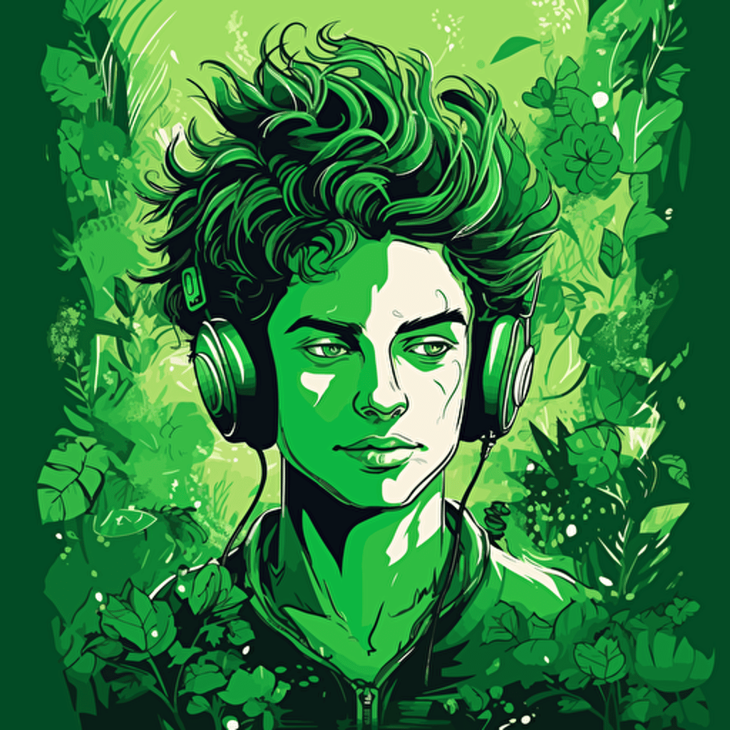 vector illustration of beautiful young man with a computer gadget technology face and wild green garden hair, in vivid colors