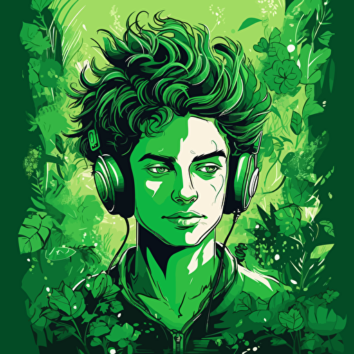 vector illustration of beautiful young man with a computer gadget technology face and wild green garden hair, in vivid colors