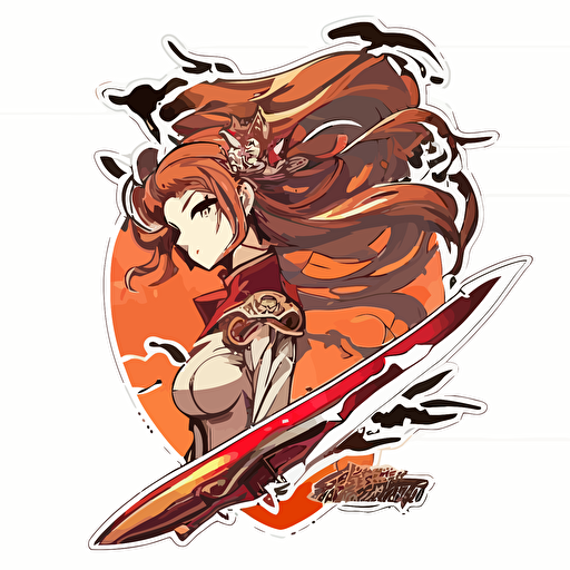 Sword, Sticker, Intense, Warm and dull colours, Anime, Contour, Vector, White background, Mininal