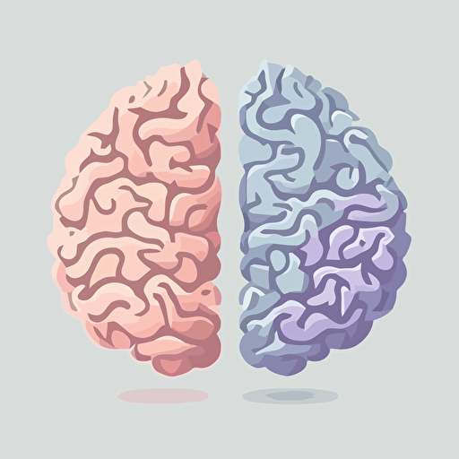 a brain in 2 halves, vector art, white background, pink grey, pastel colors, cartoon style, detailed,