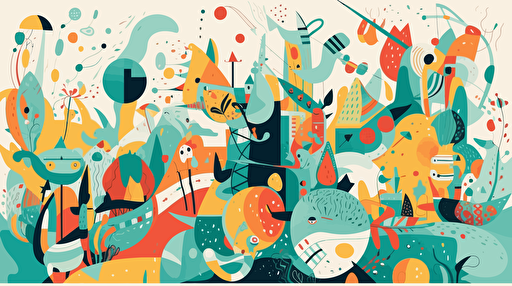 community carnival inspired by joan miro's abstract shapes and biomorphic forms. Vector illustration filled with imaginative carnival rides, with children and families having fun on a bright summer day