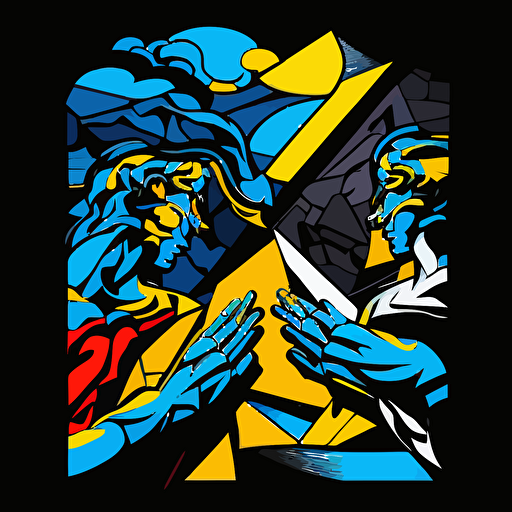 a captivating vector illustration in the profile position, reminiscent of Michelangelo's iconic "Creation of Adam," focusing on the hands. Style in a modern and dynamic composition, in the style of Romero Britto, with vivid blue and yellow tones contrasted with dark black tones.