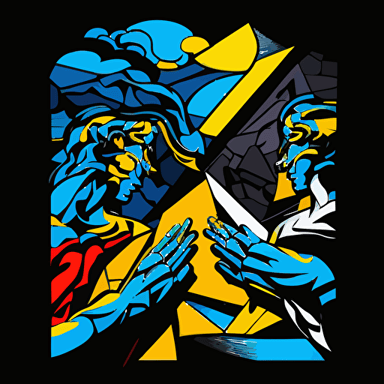 a captivating vector illustration in the profile position, reminiscent of Michelangelo's iconic "Creation of Adam," focusing on the hands. Style in a modern and dynamic composition, in the style of Romero Britto, with vivid blue and yellow tones contrasted with dark black tones.