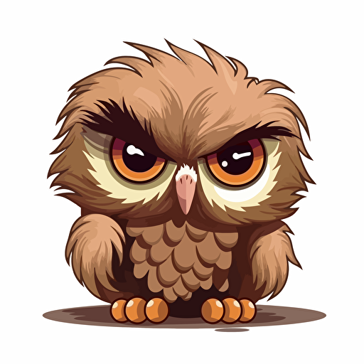 cute baby owl with ruffled feathers, style of children's cartoon, vector art, isolated on white, no background