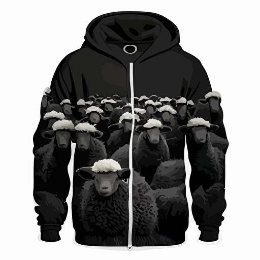 black hoodie with some beautiful picture in the middle of herd of sheeps, but in middle is one black 2d vector simple on the back.
