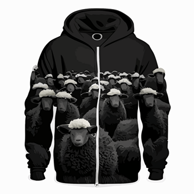 black hoodie with some beautiful picture in the middle of herd of sheeps, but in middle is one black 2d vector simple on the back.