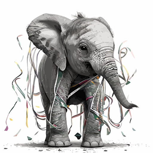 A vectorized image of a baby elephant with colorful streamers converted to black and white.