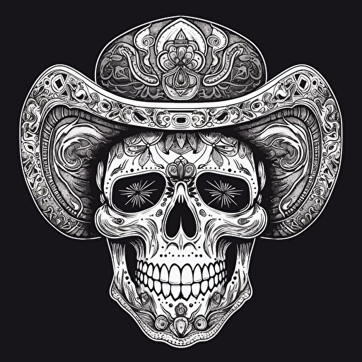 mexican scull with bandana, sombrero, vector, black and white, detailled, vector art, ornament, background mexican ornament, background white