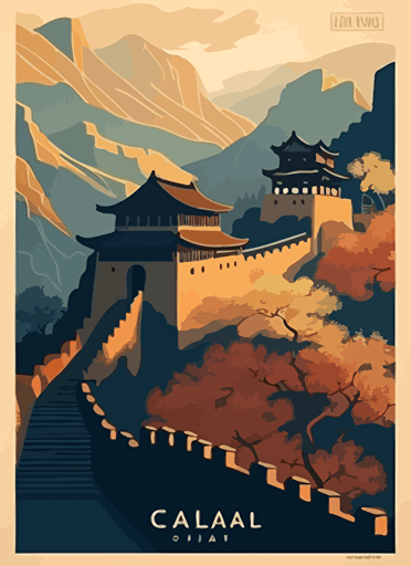 Experience the grandeur of the Great Wall of China with a majestic and awe-inspiring illustration bathed in soft morning light. Travel poster, vector flat illustration.