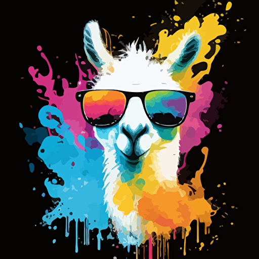 white llama with sunglasses, vector style, with an acid drop background