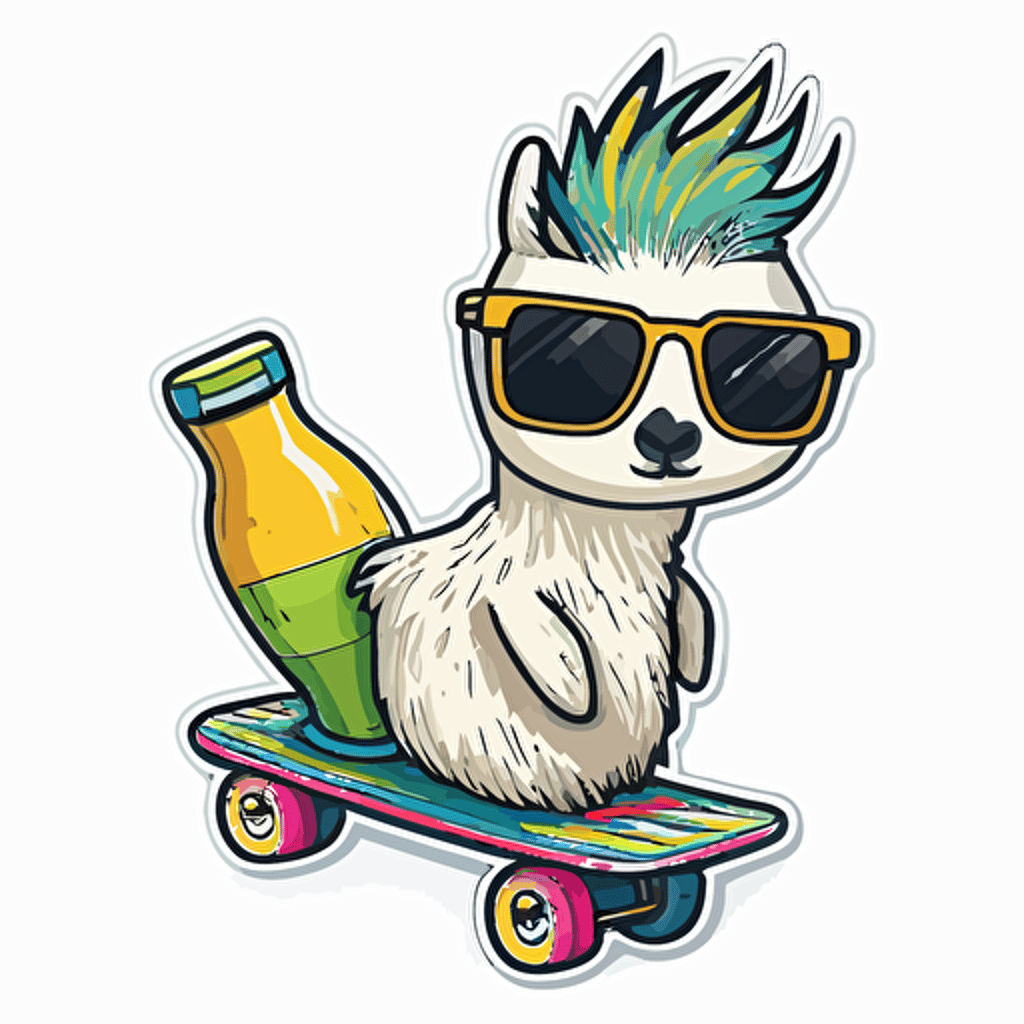 A llama riding a skateboard with sunglasses on, Sticker, White background, Cartoon, Vector