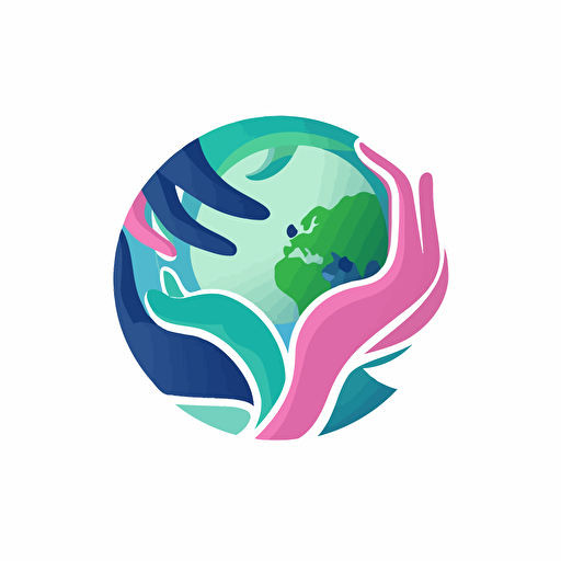 Abstract minimalistic sliced vector logo of a hand cupping a heart shaped earth, blue, green and pink