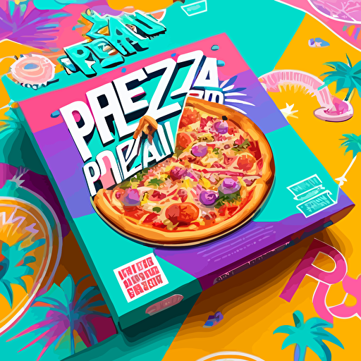 brand design concept for a new hip pizza brand from Venice beach LA, popping colours, happy illustration, vibrant, hip hop inspired, vector design, packaging shot, advertising