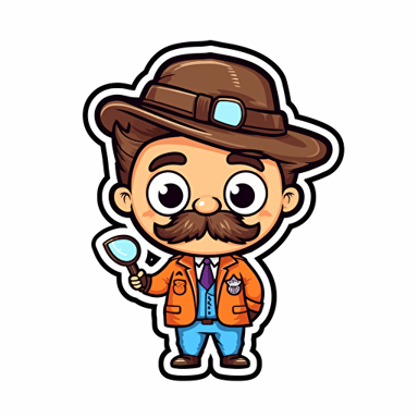 Sticker, Happy Colorful detective, brown hair, hazel eyes, short stubbled beard and mustache, kawaii, contour, vector, white background