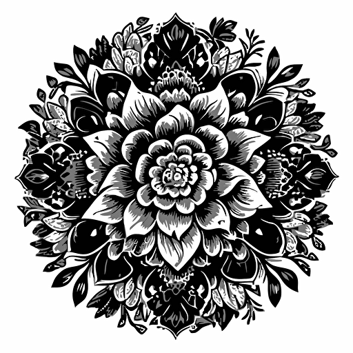beautiful black and white vector mandala with flowers hand drawn
