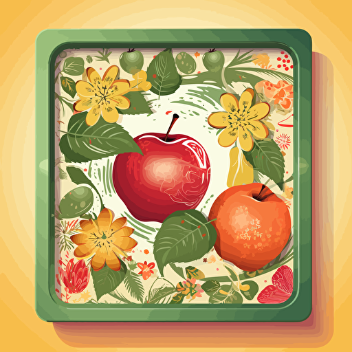 open apple illustration with framed botanical ornaments simplified illustration with a shinning sun using the illustrator illustration styles, vectorized, moder pantone colorful pallet