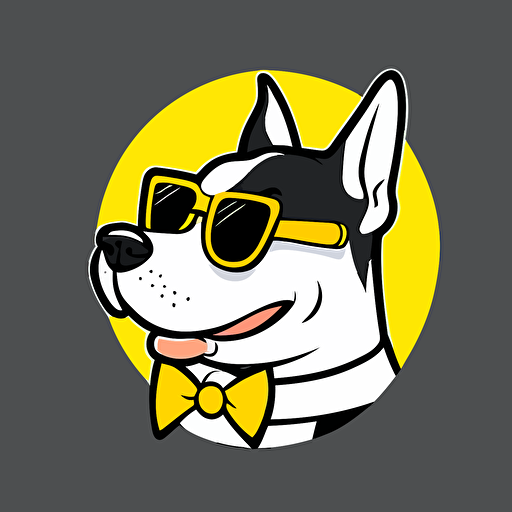 Simple logo of a cute black and white bull terrier laughing, wearing a pair of sunglasses, looking frontward, with a yellow tailcoat bow tie, retro cartoon style, flat 2d, vector style, company logo, esports, white background, no text, without text
