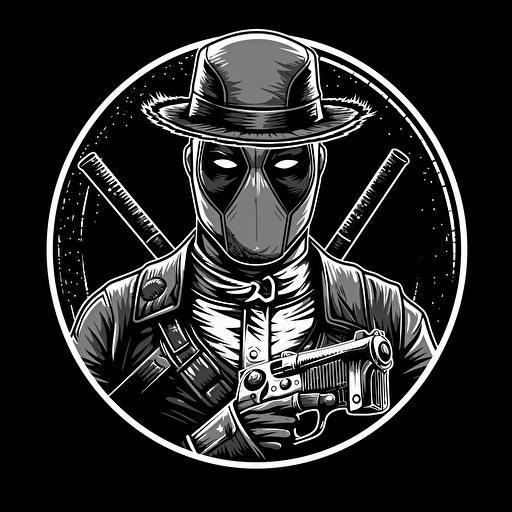 western style vector logo of deadpool holding two guns , black and white, monochromatic, flat,