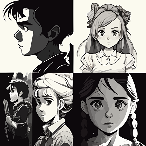 2d vector, anime, studio ghibli, 1930s disney, portriat. Black & white