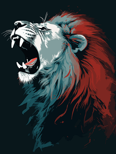 vector art of a lion roaring, red, white and turquoise lighting, 300 dpi,