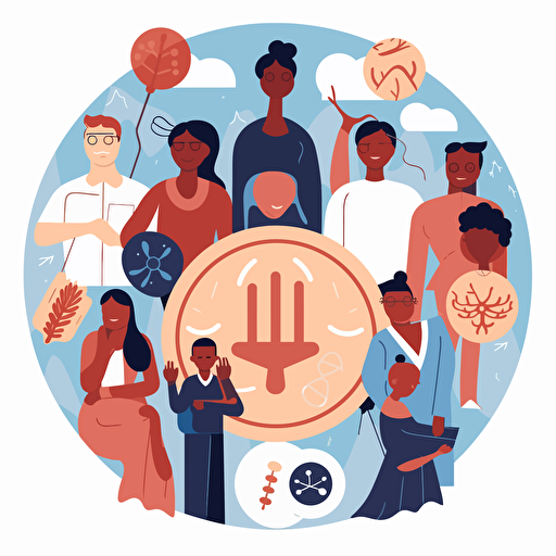 flat vector stylized illustration of children and youth of different ages and ethnicities being defended by lawyers, youth justice, hopeful, surrounded by symbols of the law and litigation,