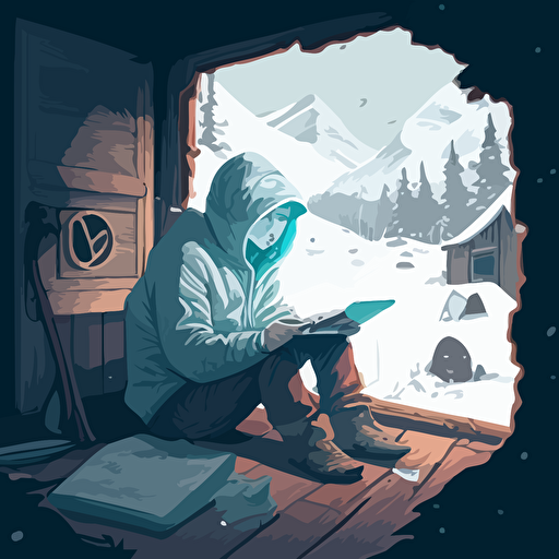 Based on the theme of anonymity, design a vector illustration of Satoshi Nakamoto sitting in a remote cabin, writing a letter to the world about the potential benefits of decentralized currency. Set the scene on a snowy, secluded mountain.