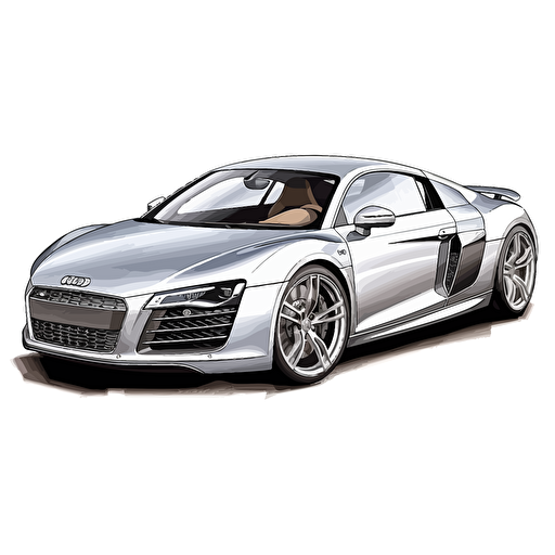 Coche hiper realista, Audi R8, fondo blanco, cuerpo completo, imagen, estilo de libro para colorear sobre fondo blanco, bien compuesta, página de libro para colorear limpia, sin interpolación, sin degradado, contorno fuerte, sin relleno, sin sólidos, sin sombreado , ilustración vectorial, –ar 9:11