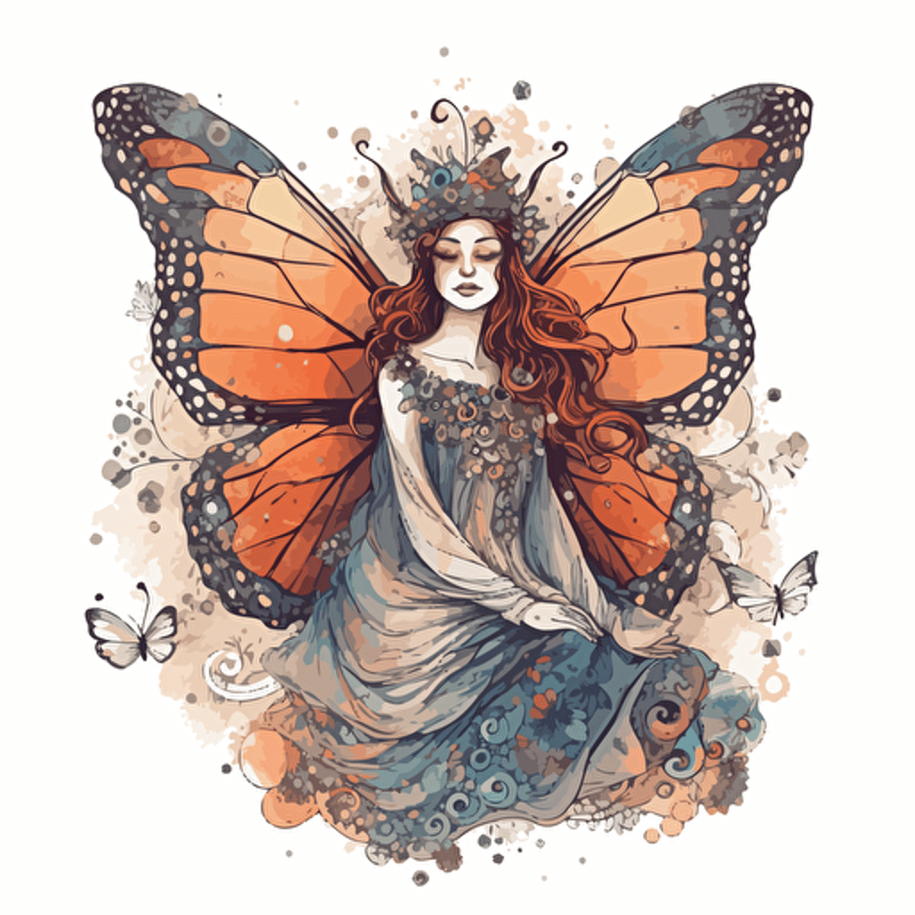 a beautiful ethereal queen butterfly fairy with a surrounding celestial design in detailed drawing style + simple vector + bright colors on a white background
