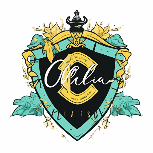a Royal emblem, colors black yellow and teal, for an elite black girls cheer leading squad, letters C E A, vector