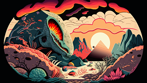 a panel with a Shōnen manga style depicting a big egg buried in the terrestrial mantle it is dissolving and turning into petroleum, around it we see bones of various dinosaurs, color pop, flat vector art, bright colors, high resolution
