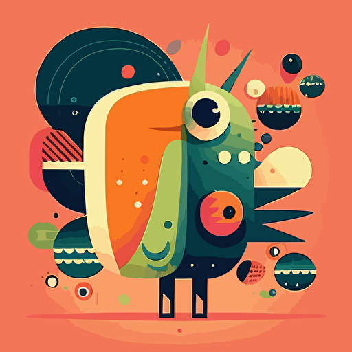 whimsical healthly looking creature in style of Tom Whalen, abstract, simple, coloured, flat, vector, line drawling