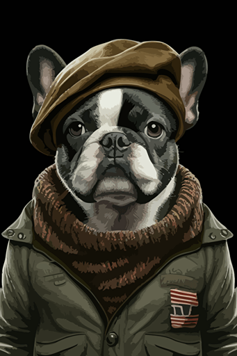 a french bulldog standing, wearing a beret, vector art,