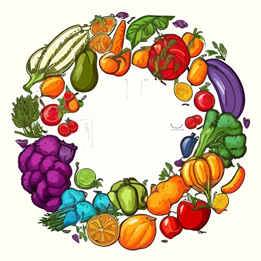 bright colored fruits and vegetables in a circle in doodle style. Vector drawing on a white background