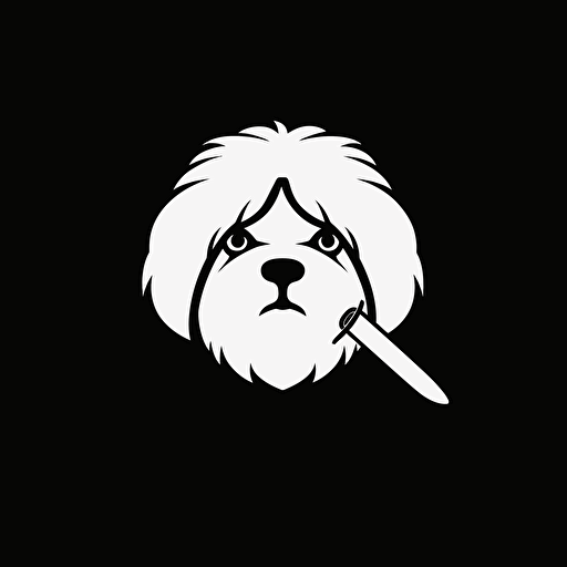 a minimal, black and white vector logo of a Coton de Tulear who is a ninja