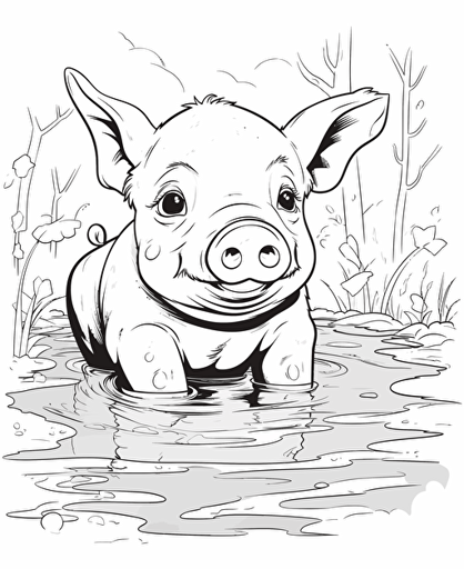 a cute pig wallowing in mud, vector, black and white, white background, coloring page