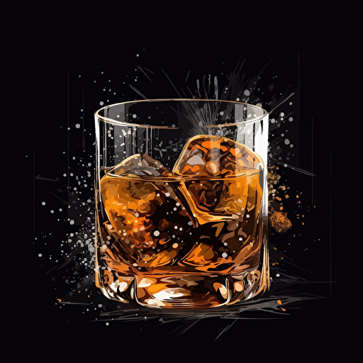 old fashioned cocktail,whiskey glass,Black background, abstract paiting,vector,high detail