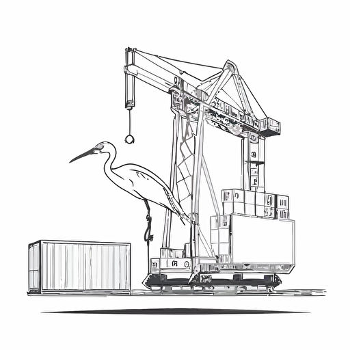 block print style illustration, small portal crane, white background, vector, minimalism, sea container, minimalism, logo, one line, few elements