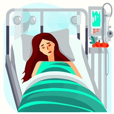 A sick female patient on a hospital bed in a hospital setting, 2d, flat vector illustration, white background
