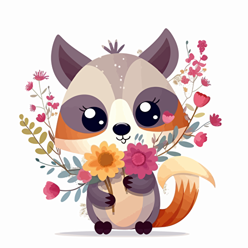 cute animal with flowers, detailed, cartoon style, 2d clipart vector, creative and imaginative, hd, white background