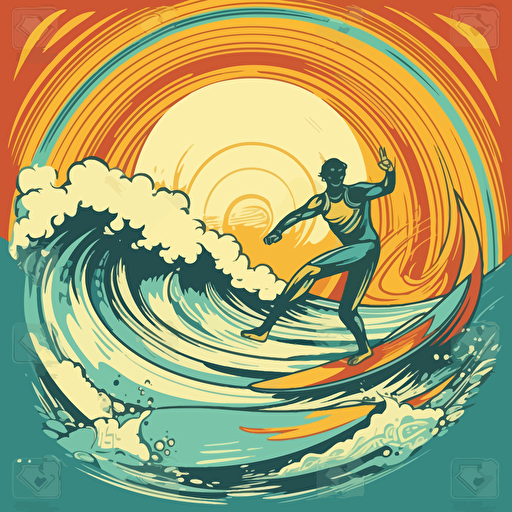 retro vector illustration, surf's up, surfer, sun setting, circle composition, 1970s, comic book style, orange and yellow and teal colours