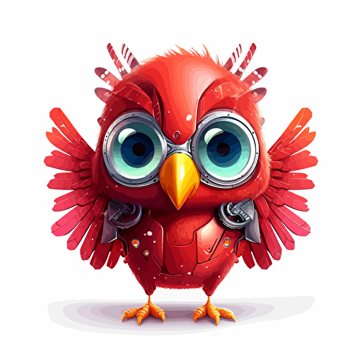 happy, cute, robotic red cardinal bird, big head, large shiny eyes, small wings, small legs, subtle gradients, colorful feathers, vector art, 2d