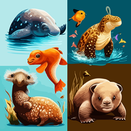 acuatic child animals, cartoon, vector, high detail