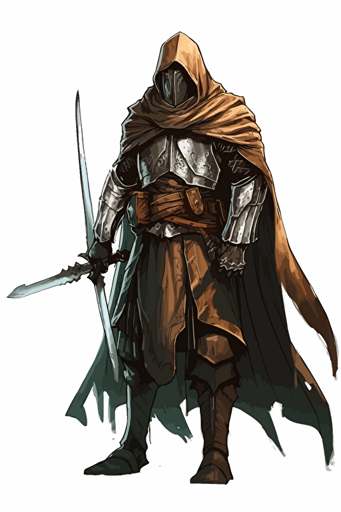 cloaked heavy armor fighter with greatsword and longbow on white background, vector, illustration