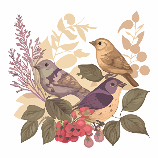 pdf vector drawing of cute birds with botanicals in background
