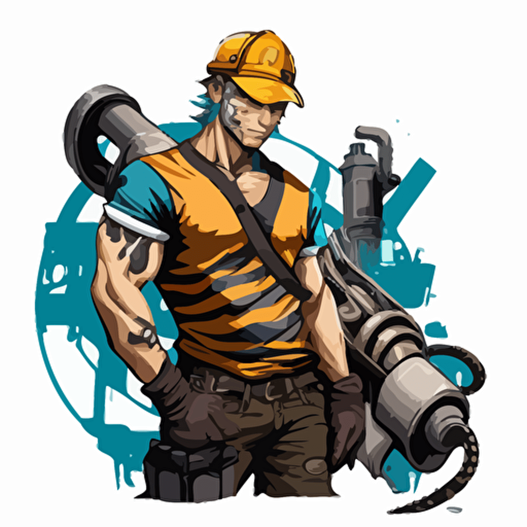 tiger with muscular man body and hard hat with large pipe wrench resting on shoulder in industrial background in the oil field, vector art, cartoon, white background, tough, dirty, mean, blue collar work